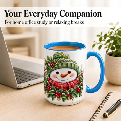 #pl[15oz|Blue] Christmas Snowman Coffee Mug, Holly Berry Mug, Ceramic Cup