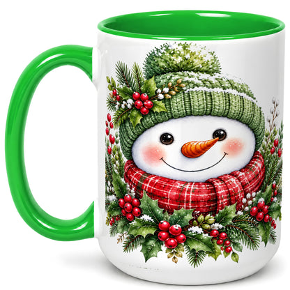 #pl[15oz|Green] Christmas Snowman Coffee Mug, Holly Berry Mug, Ceramic Cup