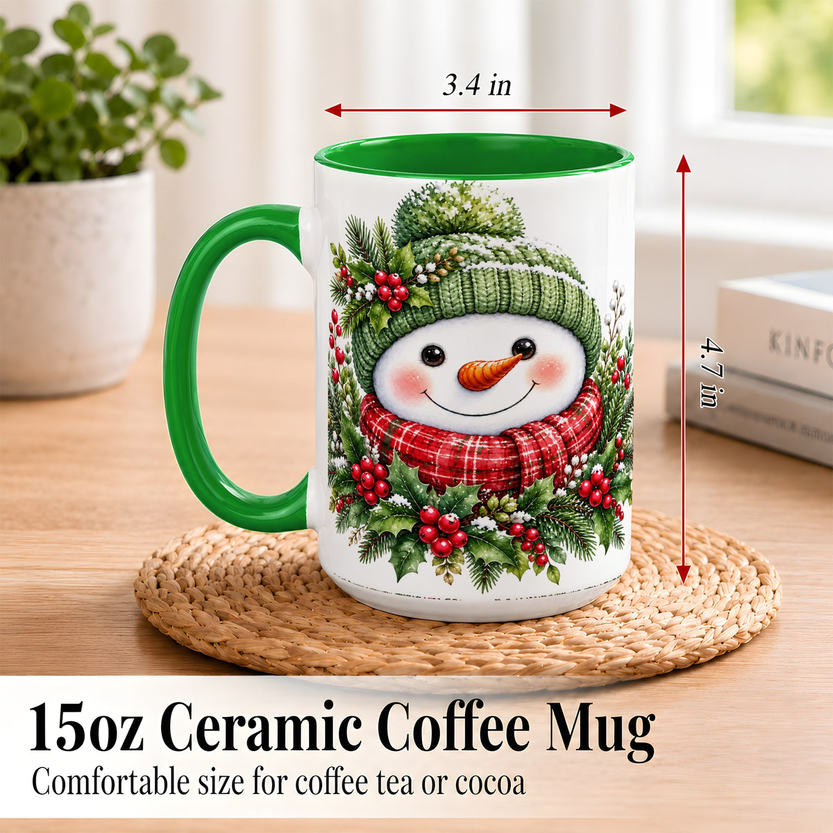 #pl[15oz|Green] Christmas Snowman Coffee Mug, Holly Berry Mug, Ceramic Cup