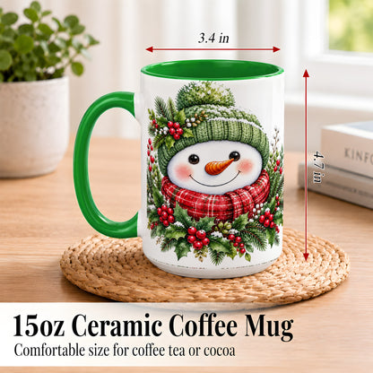 #pl[15oz|Green] Christmas Snowman Coffee Mug, Holly Berry Mug, Ceramic Cup