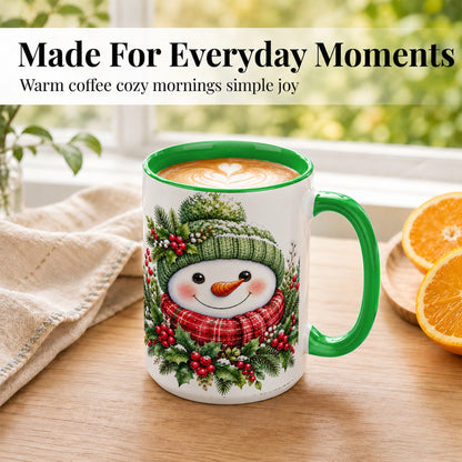 #pl[15oz|Green] Christmas Snowman Coffee Mug, Holly Berry Mug, Ceramic Cup