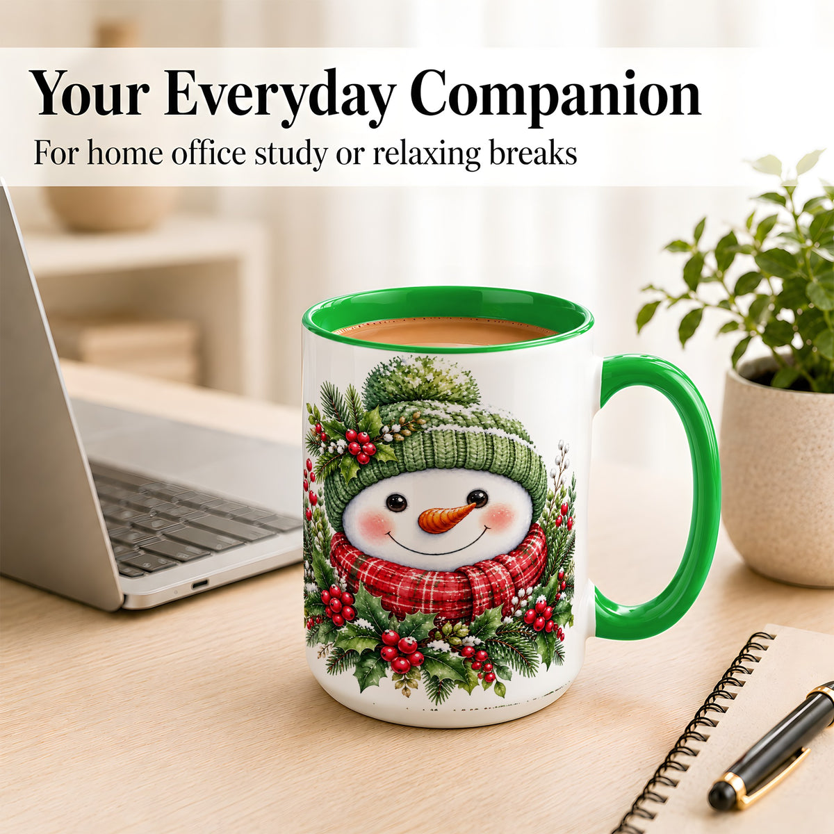 #pl[15oz|Green] Christmas Snowman Coffee Mug, Holly Berry Mug, Ceramic Cup