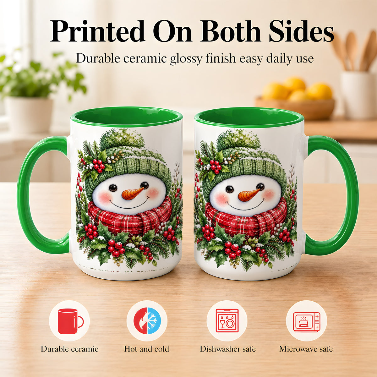 #pl[15oz|Green] Christmas Snowman Coffee Mug, Holly Berry Mug, Ceramic Cup