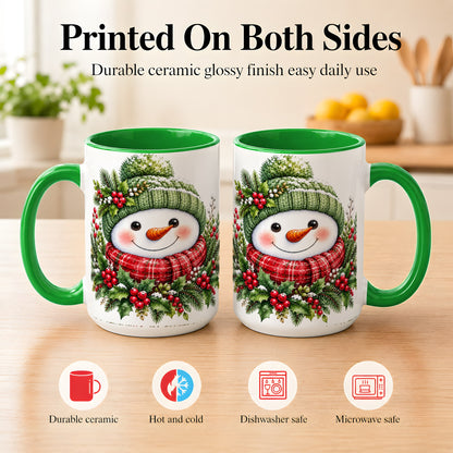 #pl[15oz|Green] Christmas Snowman Coffee Mug, Holly Berry Mug, Ceramic Cup