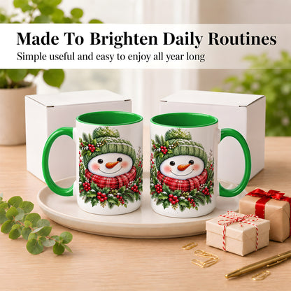#pl[15oz|Green] Christmas Snowman Coffee Mug, Holly Berry Mug, Ceramic Cup