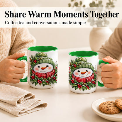 #pl[15oz|Green] Christmas Snowman Coffee Mug, Holly Berry Mug, Ceramic Cup