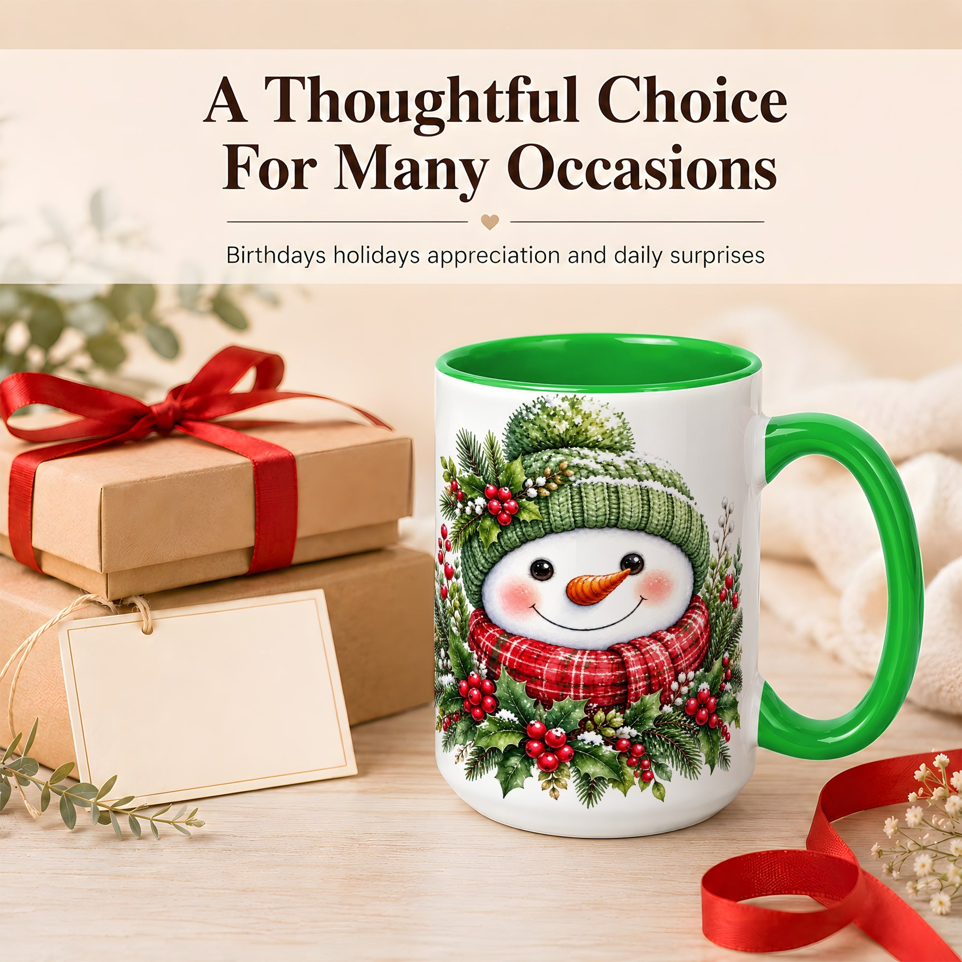 #pl[15oz|Green] Christmas Snowman Coffee Mug, Holly Berry Mug, Ceramic Cup