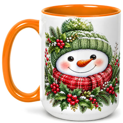 #pl[15oz|Orange] Christmas Snowman Coffee Mug, Holly Berry Mug, Ceramic Cup