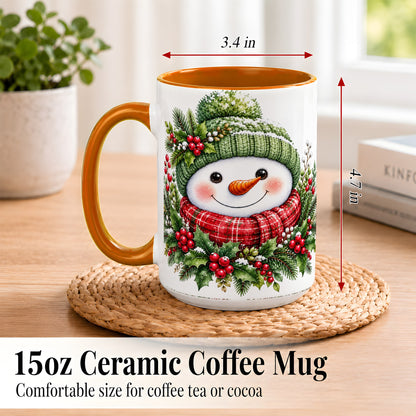 #pl[15oz|Orange] Christmas Snowman Coffee Mug, Holly Berry Mug, Ceramic Cup