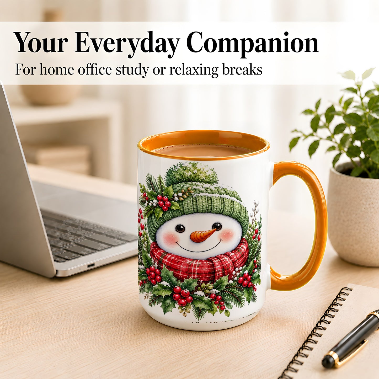 #pl[15oz|Orange] Christmas Snowman Coffee Mug, Holly Berry Mug, Ceramic Cup