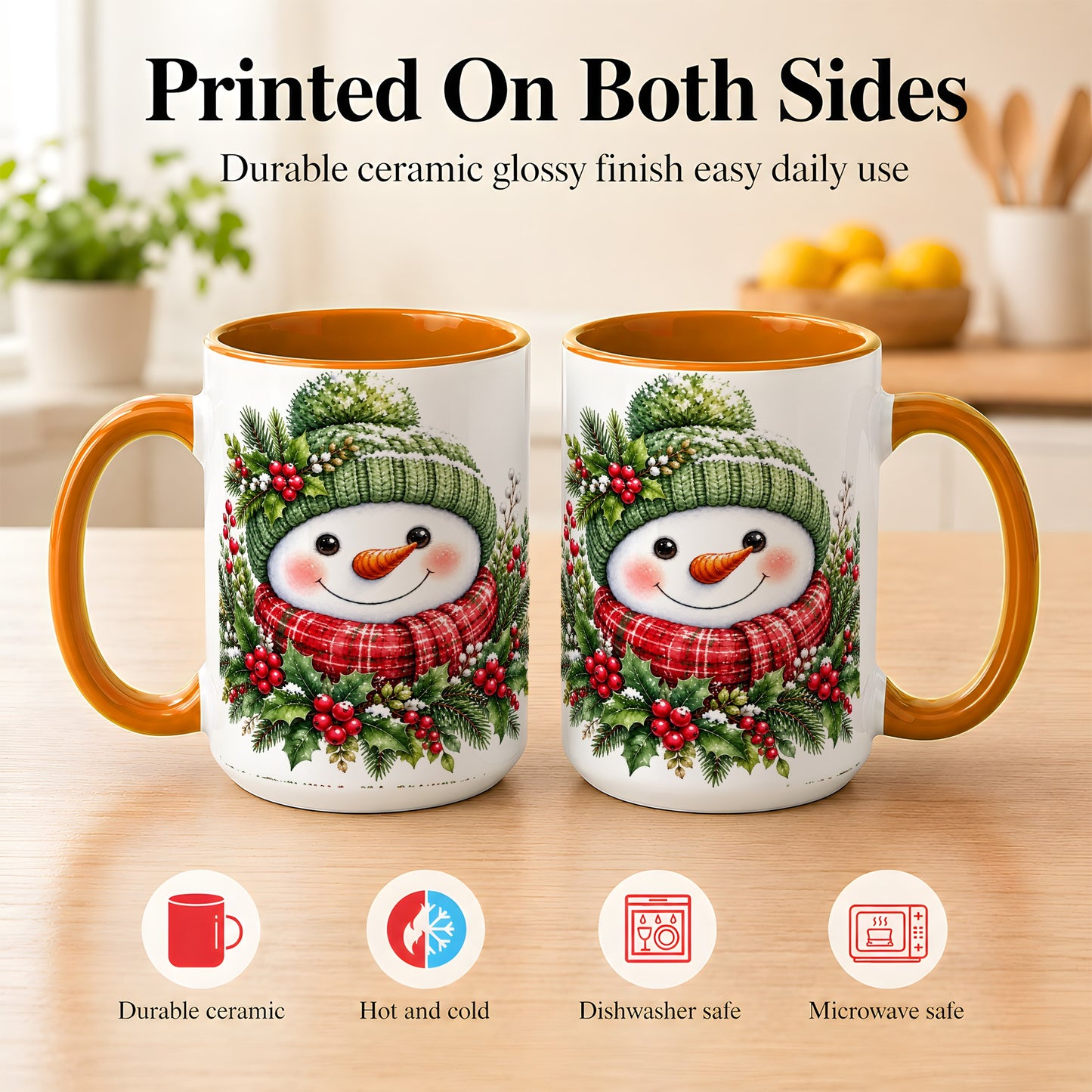 #pl[15oz|Orange] Christmas Snowman Coffee Mug, Holly Berry Mug, Ceramic Cup
