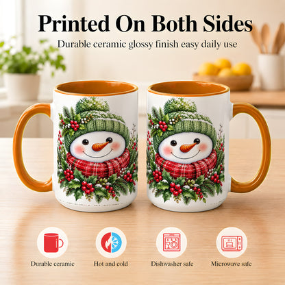 #pl[15oz|Orange] Christmas Snowman Coffee Mug, Holly Berry Mug, Ceramic Cup