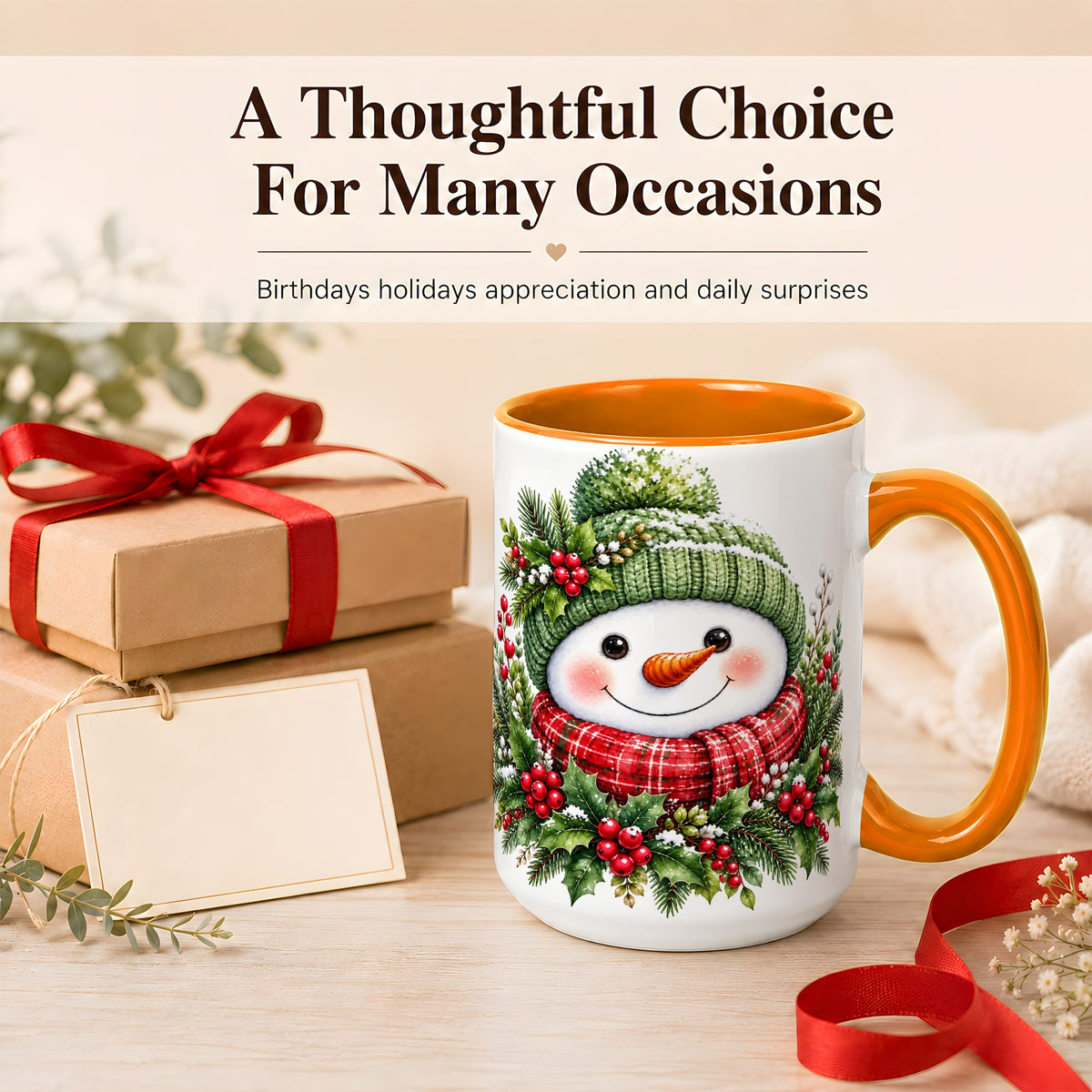 #pl[15oz|Orange] Christmas Snowman Coffee Mug, Holly Berry Mug, Ceramic Cup