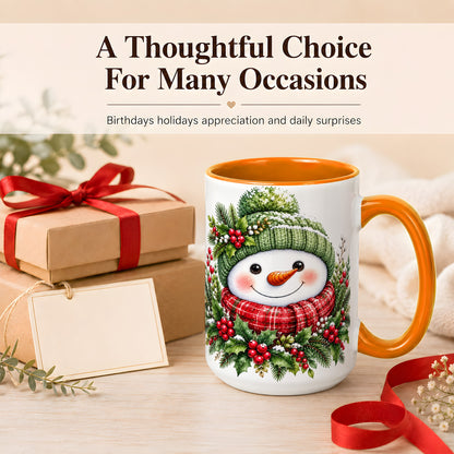 #pl[15oz|Orange] Christmas Snowman Coffee Mug, Holly Berry Mug, Ceramic Cup