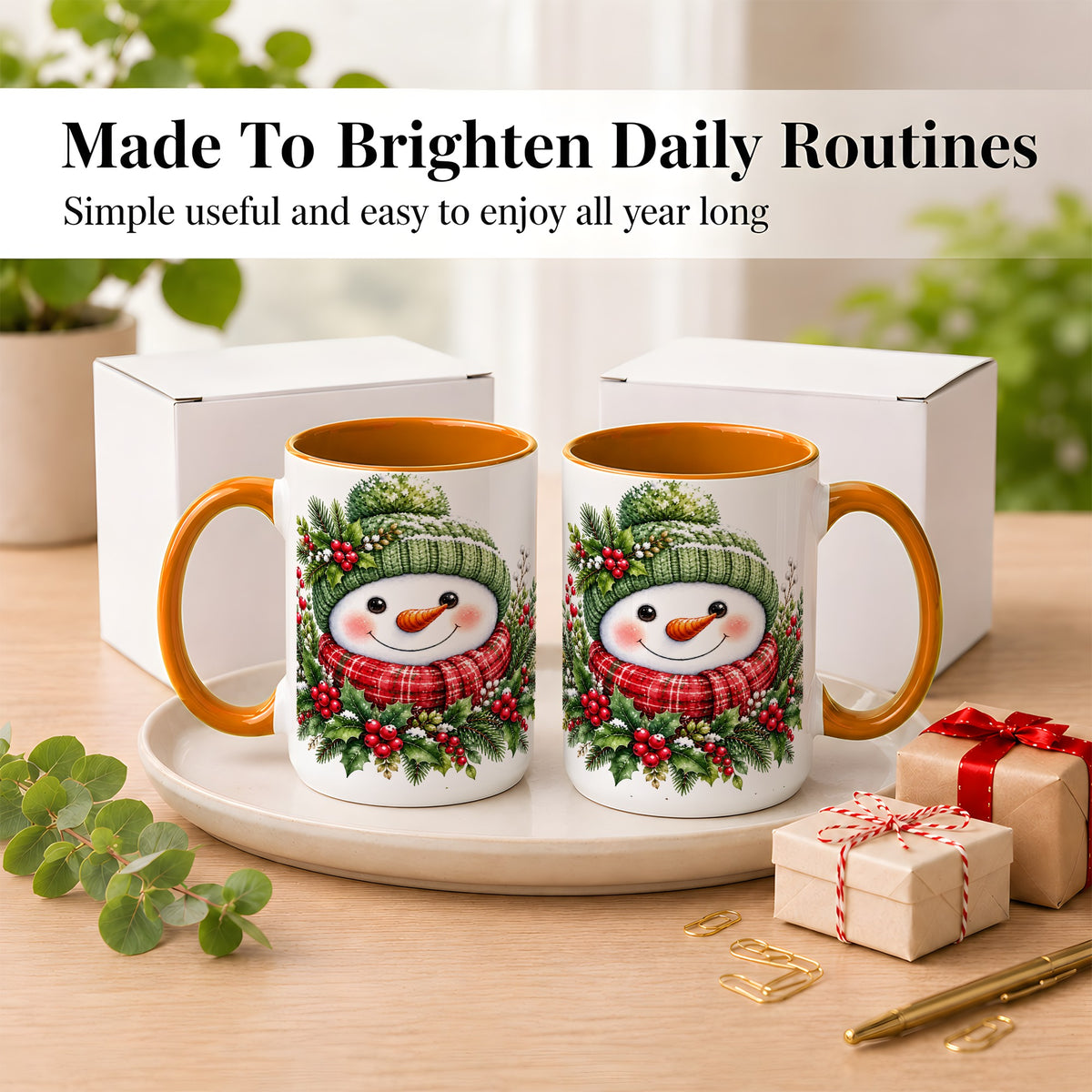 #pl[15oz|Orange] Christmas Snowman Coffee Mug, Holly Berry Mug, Ceramic Cup