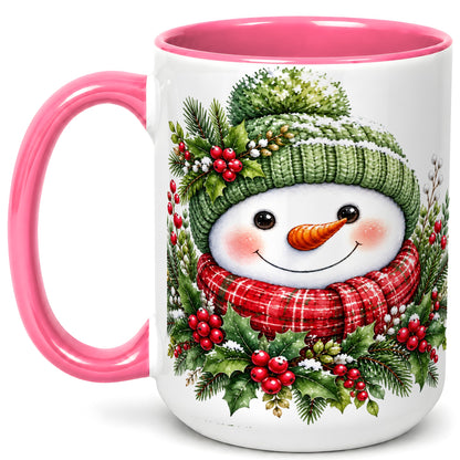 #pl[15oz|Pink] Christmas Snowman Coffee Mug, Holly Berry Mug, Ceramic Cup