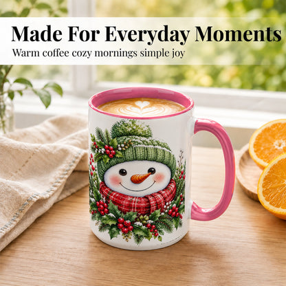 #pl[15oz|Pink] Christmas Snowman Coffee Mug, Holly Berry Mug, Ceramic Cup