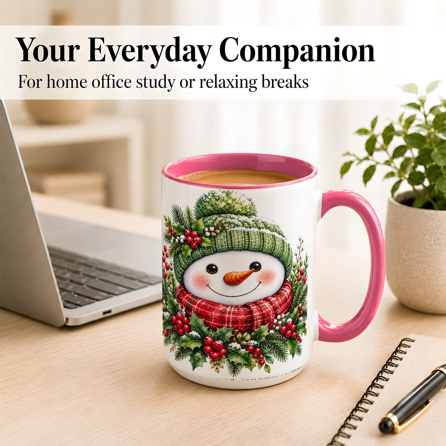 #pl[15oz|Pink] Christmas Snowman Coffee Mug, Holly Berry Mug, Ceramic Cup