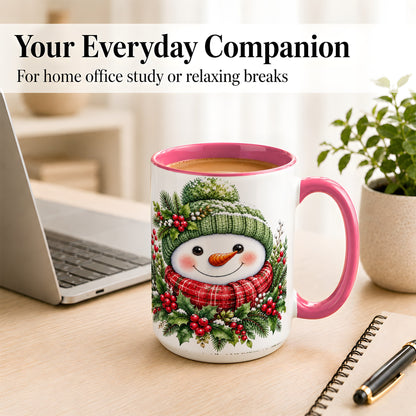 #pl[15oz|Pink] Christmas Snowman Coffee Mug, Holly Berry Mug, Ceramic Cup