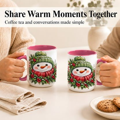 #pl[15oz|Pink] Christmas Snowman Coffee Mug, Holly Berry Mug, Ceramic Cup