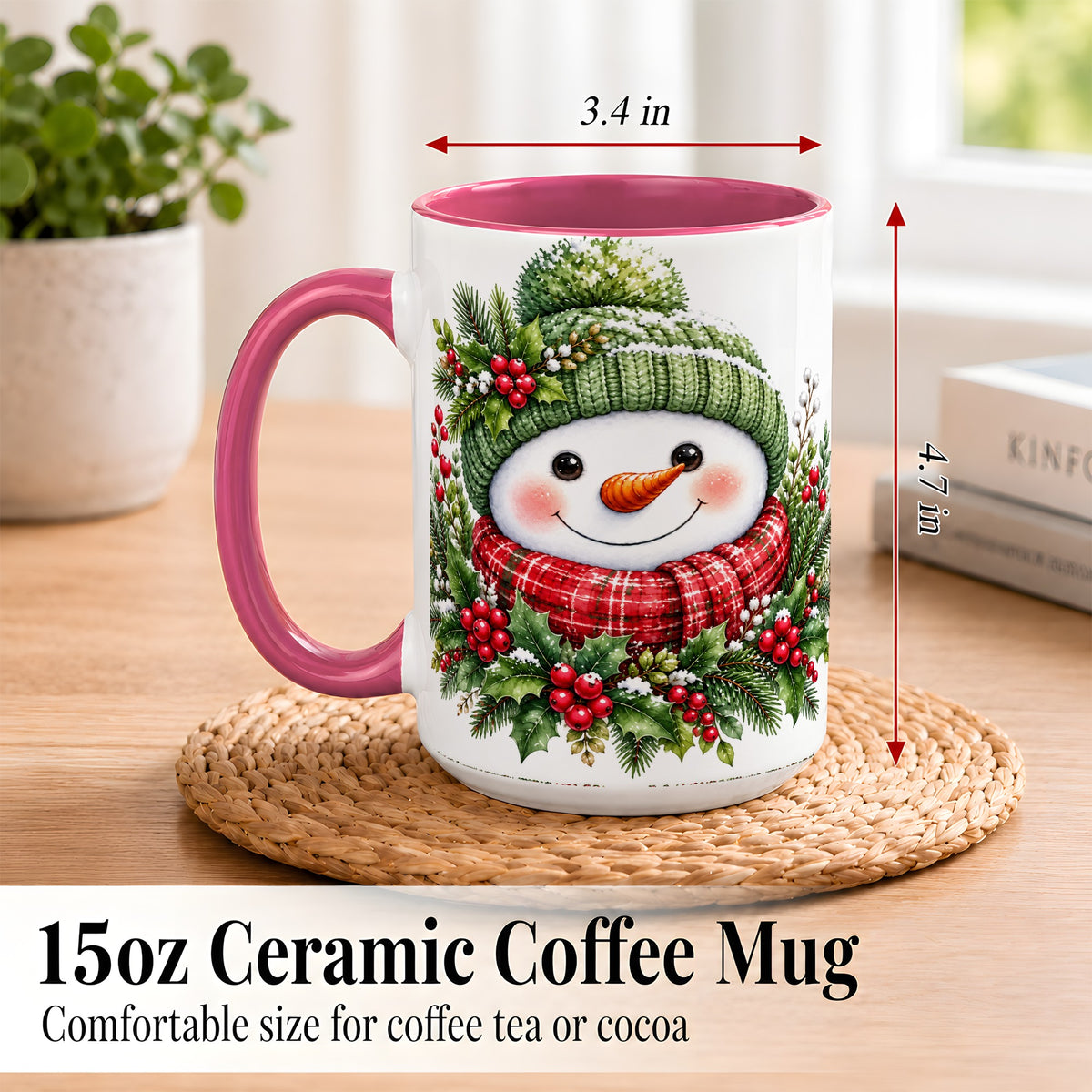 #pl[15oz|Pink] Christmas Snowman Coffee Mug, Holly Berry Mug, Ceramic Cup