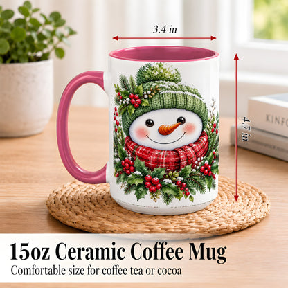#pl[15oz|Pink] Christmas Snowman Coffee Mug, Holly Berry Mug, Ceramic Cup