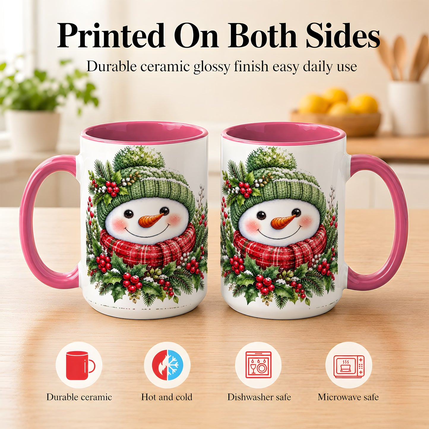#pl[15oz|Pink] Christmas Snowman Coffee Mug, Holly Berry Mug, Ceramic Cup