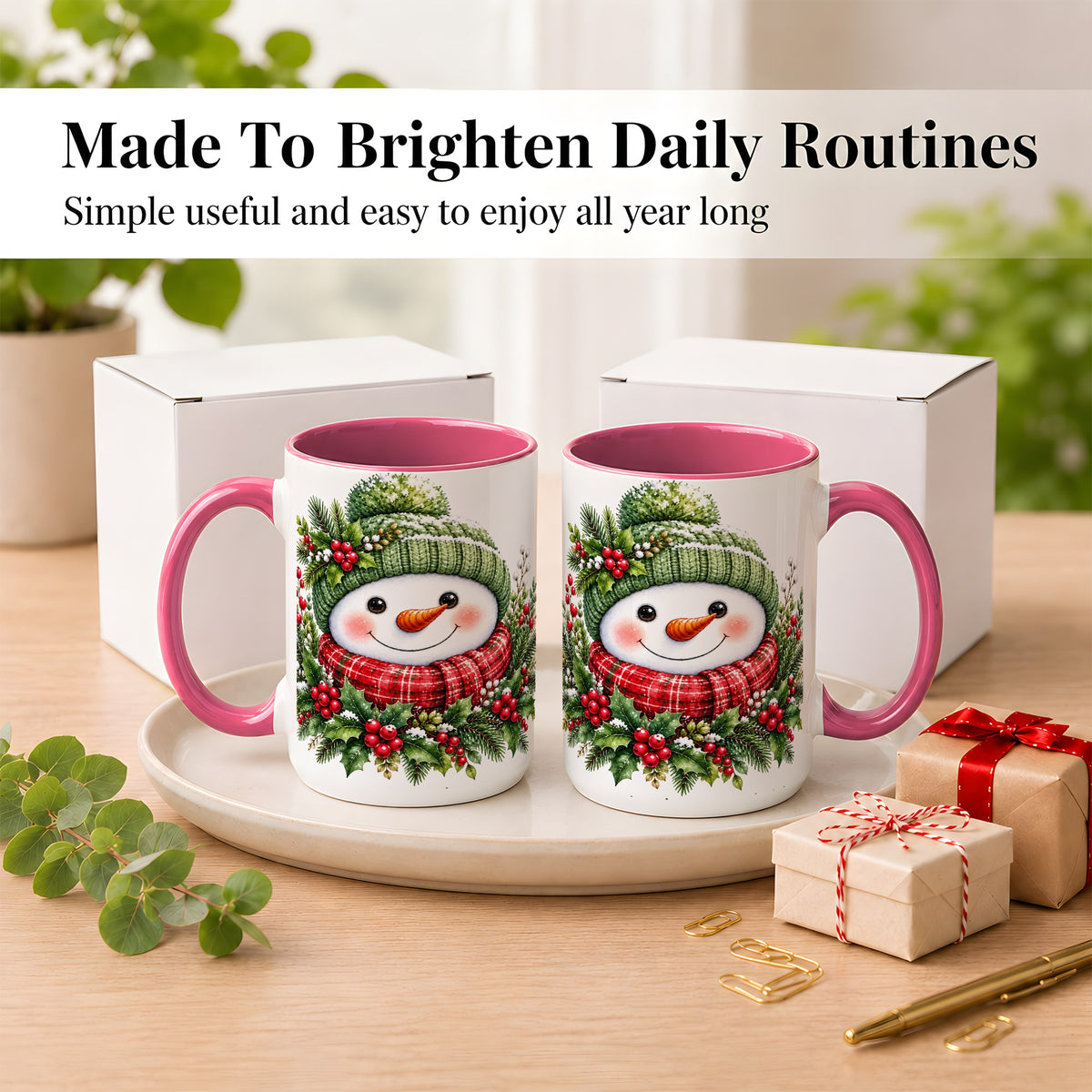 #pl[15oz|Pink] Christmas Snowman Coffee Mug, Holly Berry Mug, Ceramic Cup