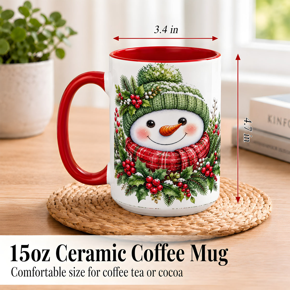 #pl[15oz|Red] Christmas Snowman Coffee Mug, Holly Berry Mug, Ceramic Cup