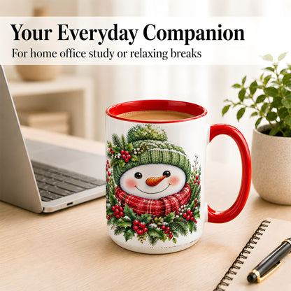 #pl[15oz|Red] Christmas Snowman Coffee Mug, Holly Berry Mug, Ceramic Cup