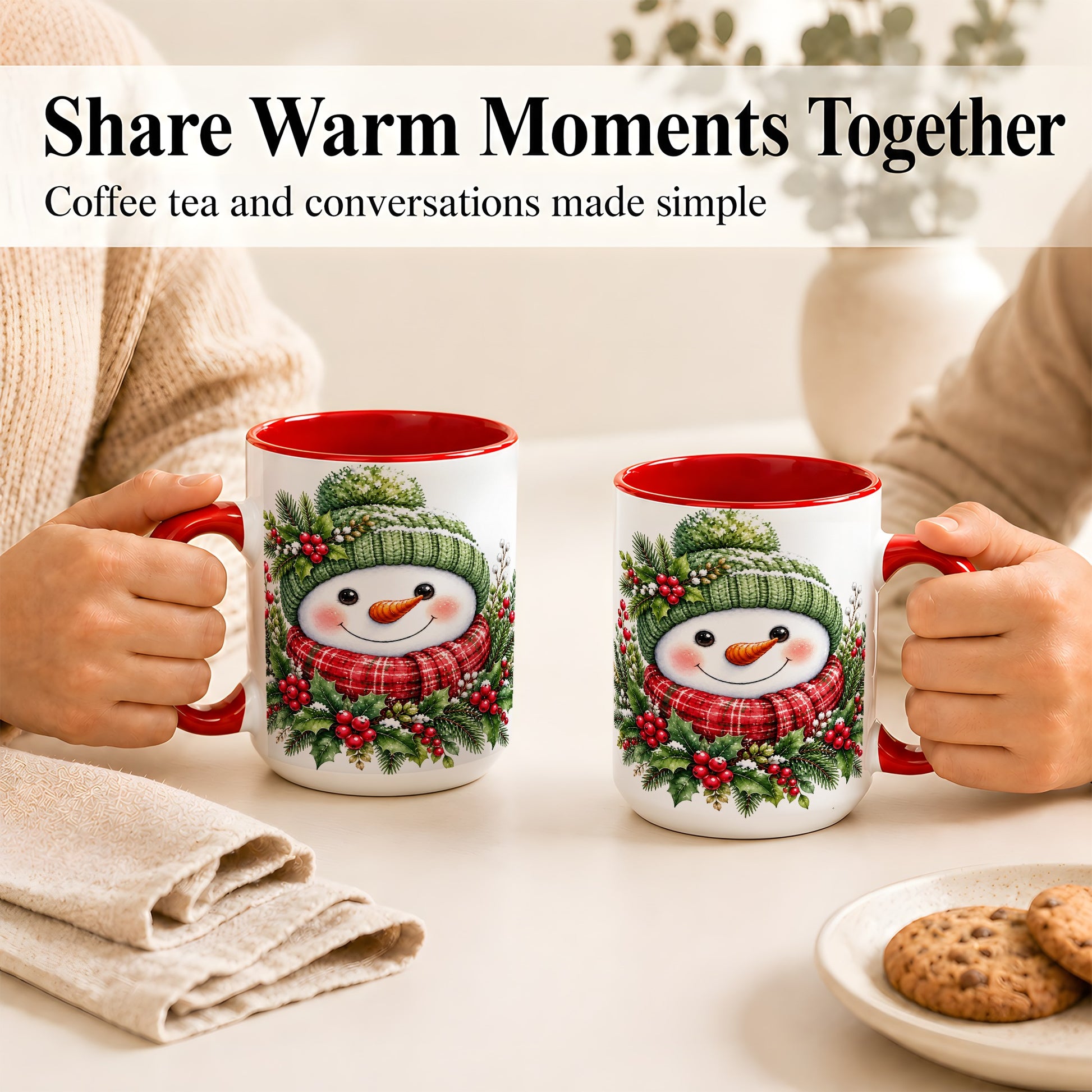 #pl[15oz|Red] Christmas Snowman Coffee Mug, Holly Berry Mug, Ceramic Cup