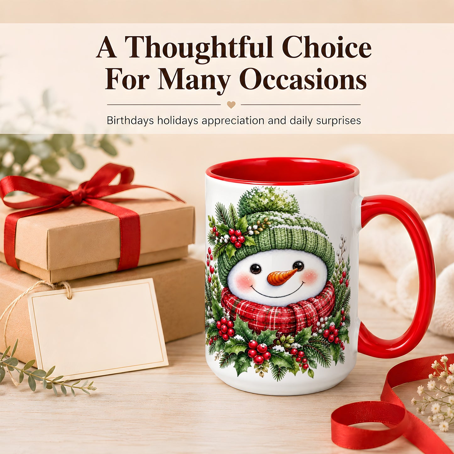 #pl[15oz|Red] Christmas Snowman Coffee Mug, Holly Berry Mug, Ceramic Cup