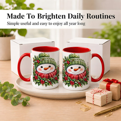 #pl[15oz|Red] Christmas Snowman Coffee Mug, Holly Berry Mug, Ceramic Cup