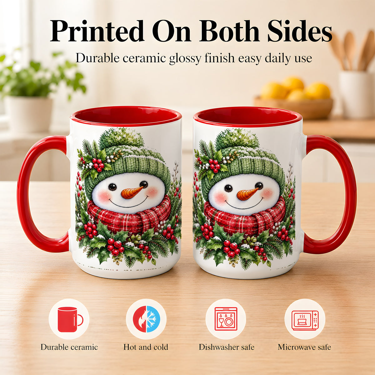 #pl[15oz|Red] Christmas Snowman Coffee Mug, Holly Berry Mug, Ceramic Cup