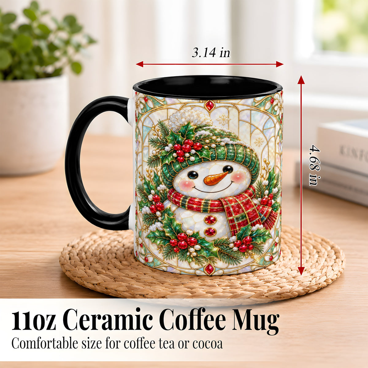 #pl[11oz|Black] Christmas Snowman Coffee Mug, Plaid Holly Mug, Ceramic Cup
