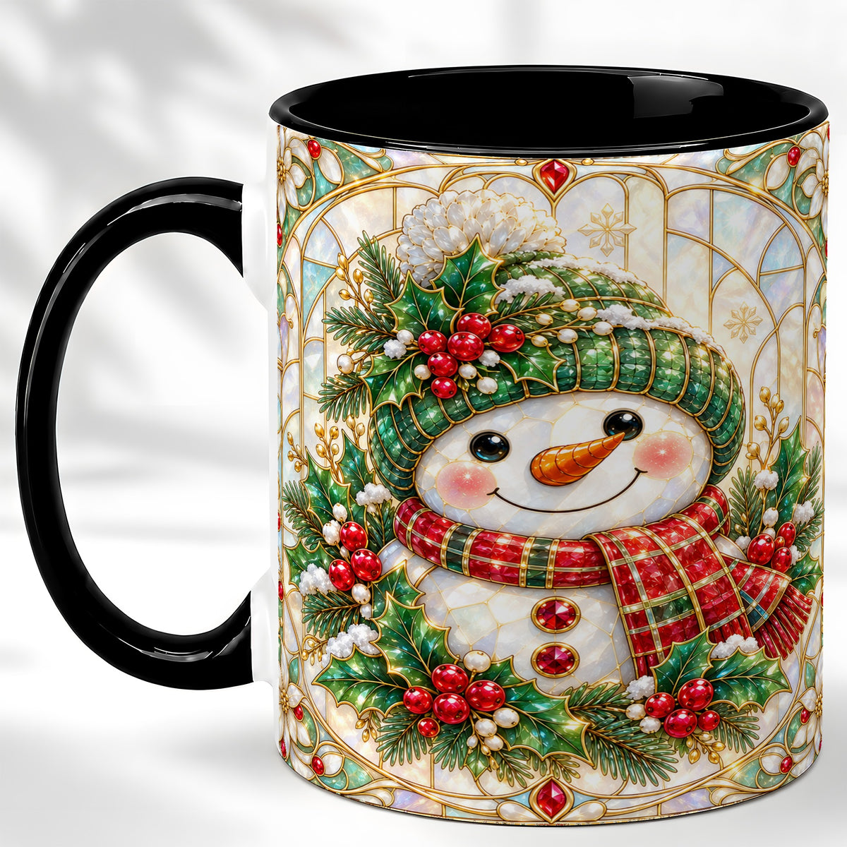 #pl[11oz|Black] Christmas Snowman Coffee Mug, Plaid Holly Mug, Ceramic Cup