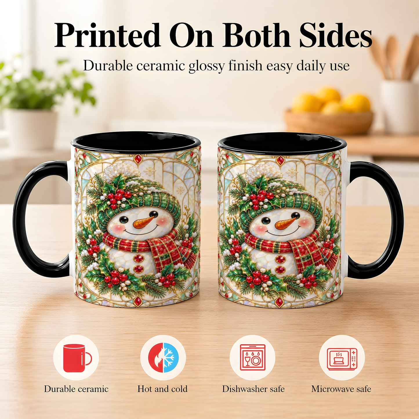 #pl[11oz|Black] Christmas Snowman Coffee Mug, Plaid Holly Mug, Ceramic Cup