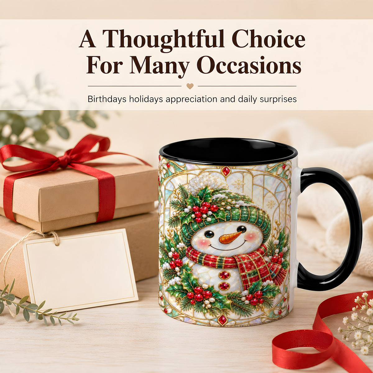 #pl[11oz|Black] Christmas Snowman Coffee Mug, Plaid Holly Mug, Ceramic Cup