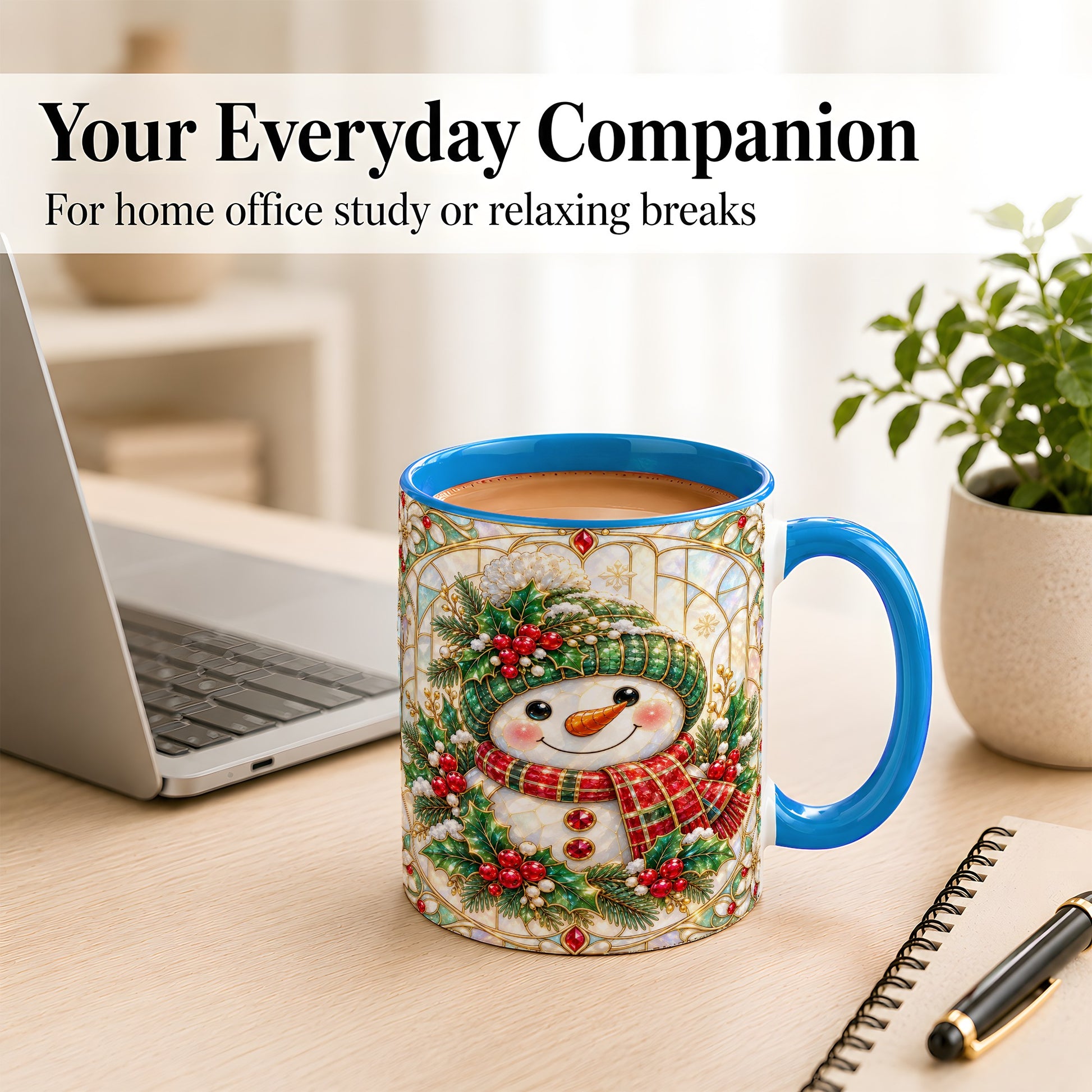 #pl[11oz|Blue] Christmas Snowman Coffee Mug, Plaid Holly Mug, Ceramic Cup