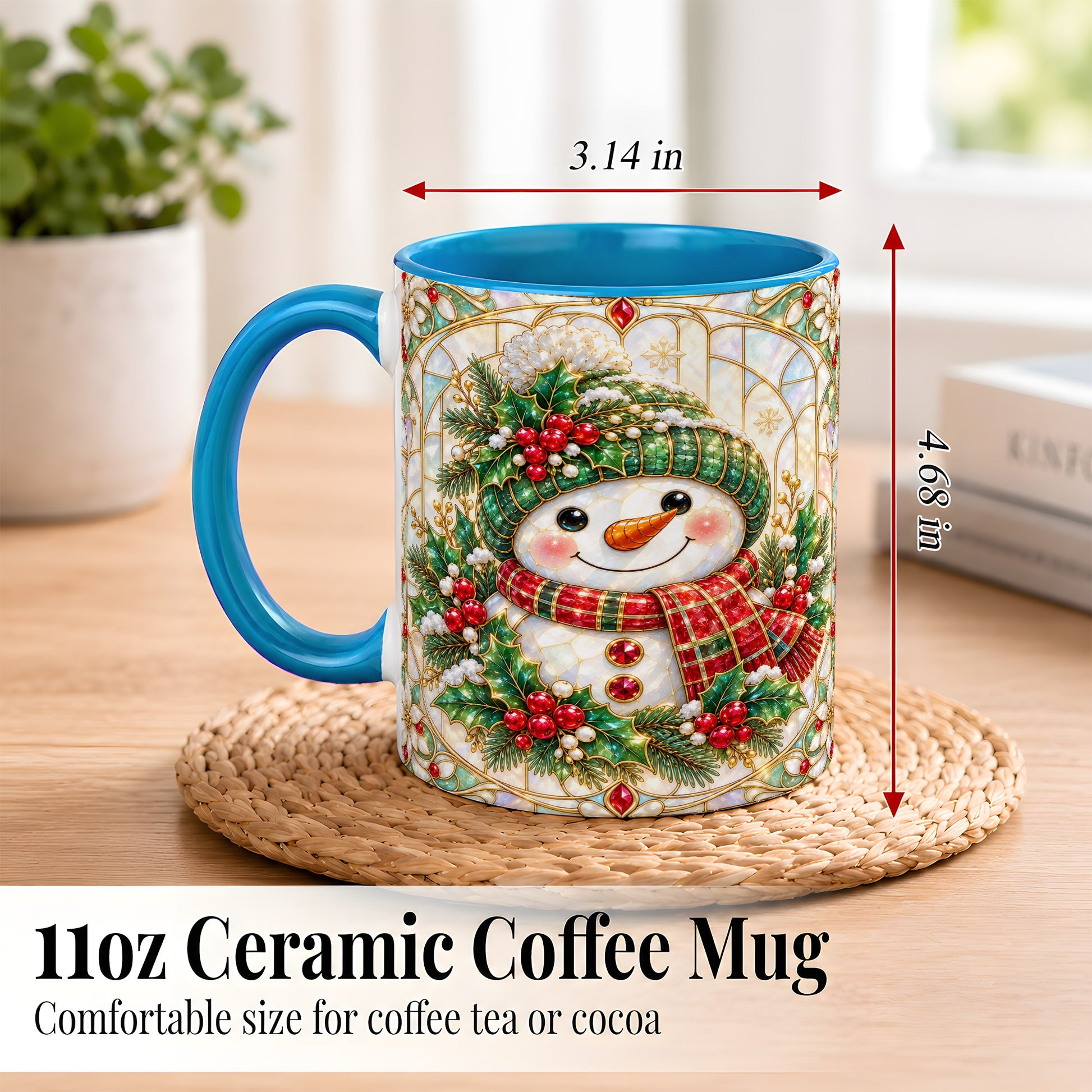 #pl[11oz|Blue] Christmas Snowman Coffee Mug, Plaid Holly Mug, Ceramic Cup
