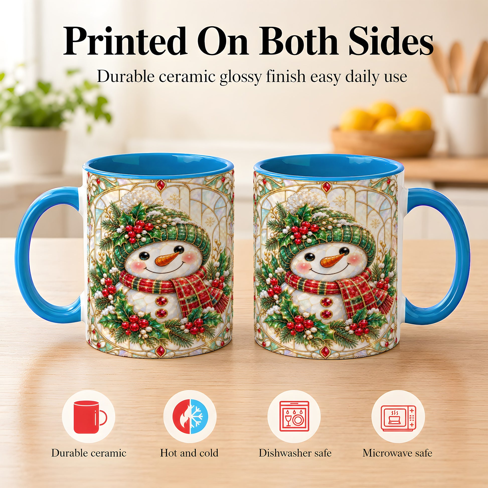 #pl[11oz|Blue] Christmas Snowman Coffee Mug, Plaid Holly Mug, Ceramic Cup
