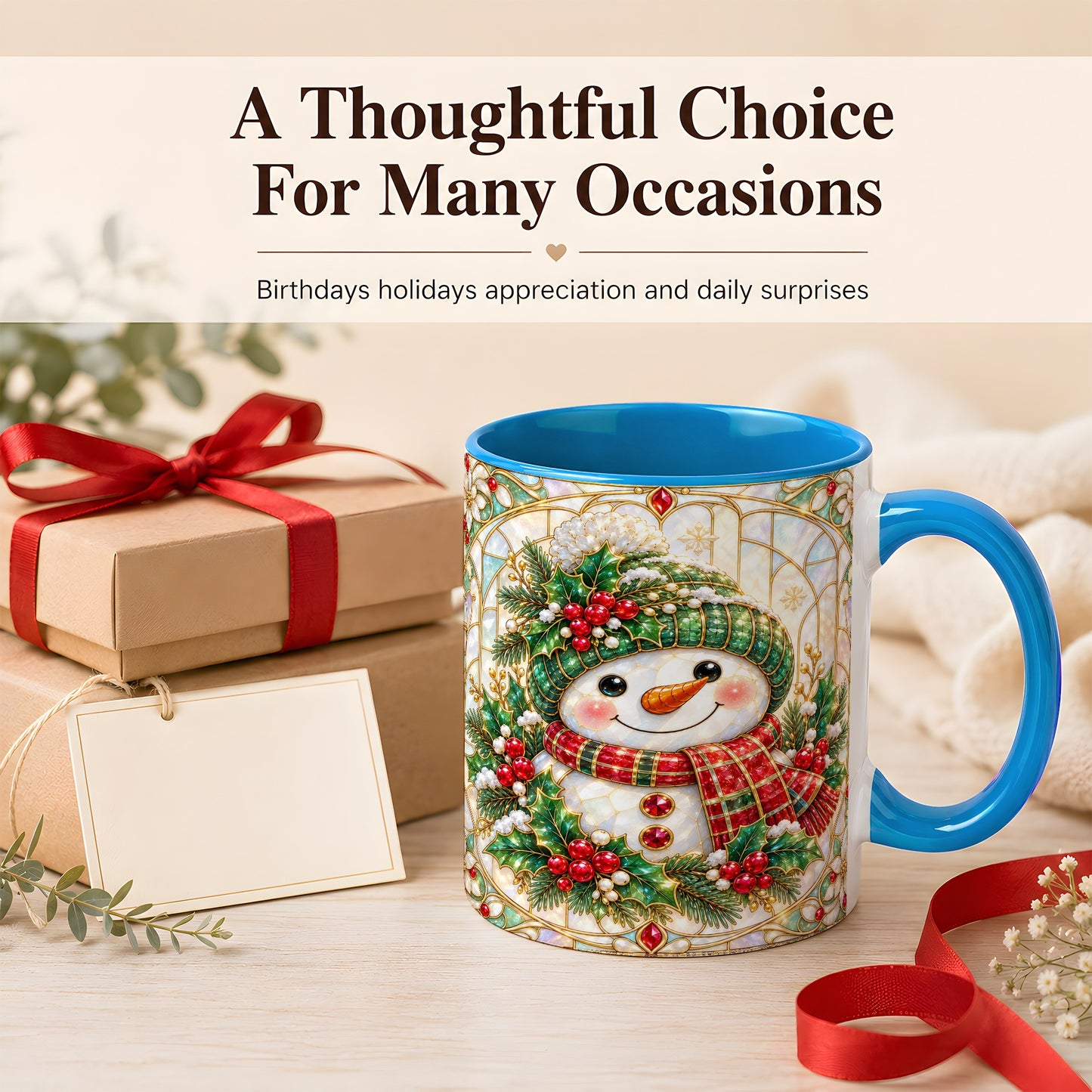 #pl[11oz|Blue] Christmas Snowman Coffee Mug, Plaid Holly Mug, Ceramic Cup