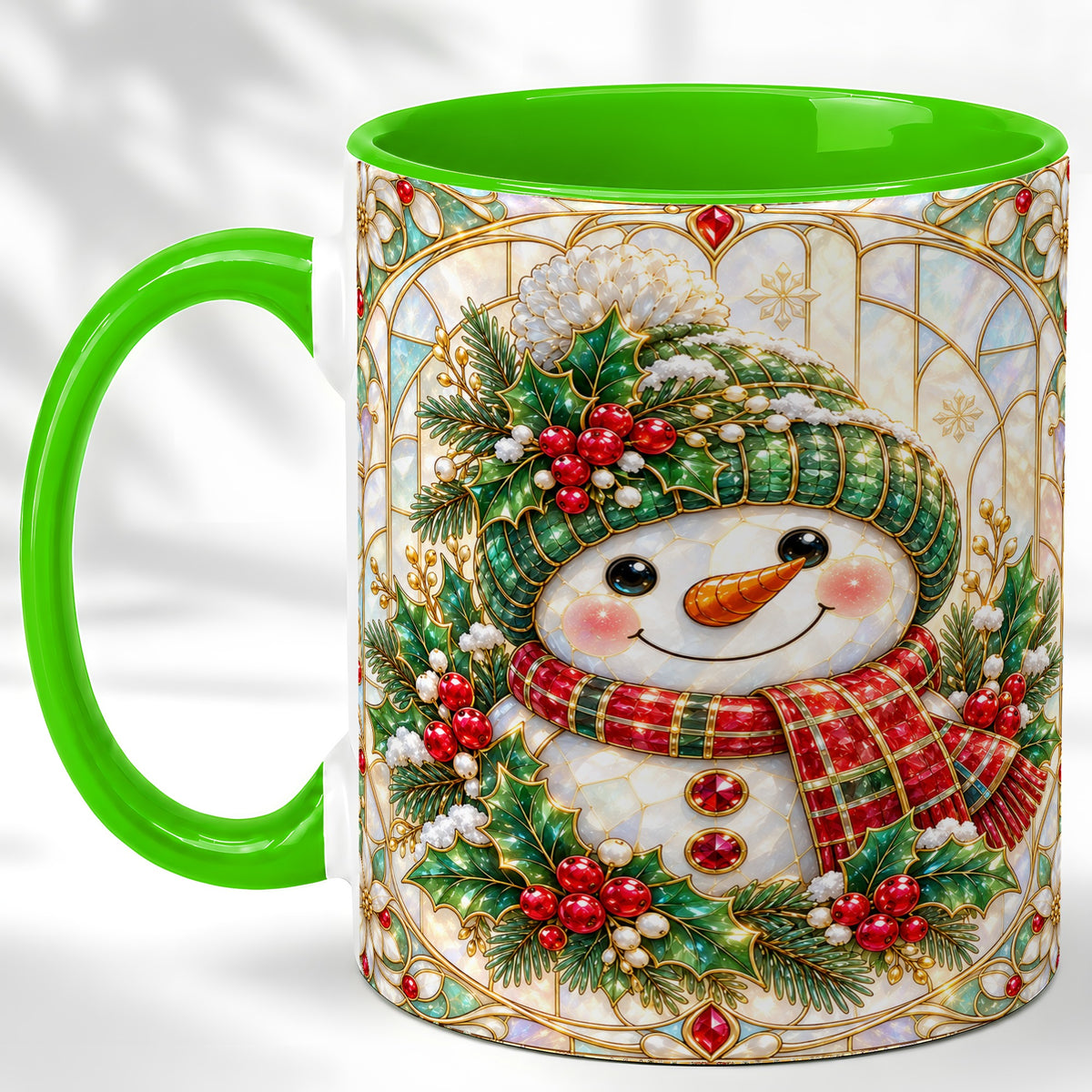 #pl[11oz|Green] Christmas Snowman Coffee Mug, Plaid Holly Mug, Ceramic Cup