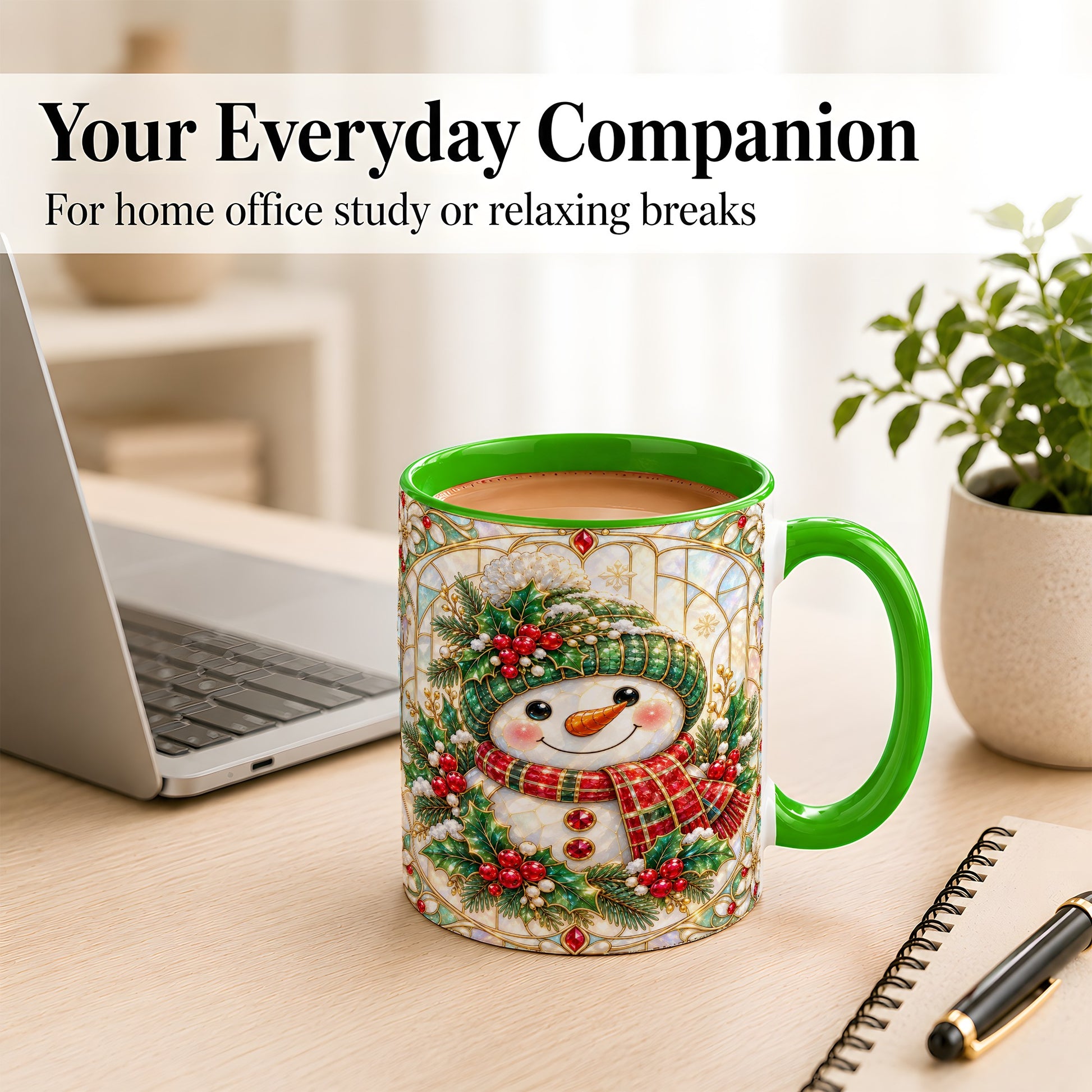 #pl[11oz|Green] Christmas Snowman Coffee Mug, Plaid Holly Mug, Ceramic Cup