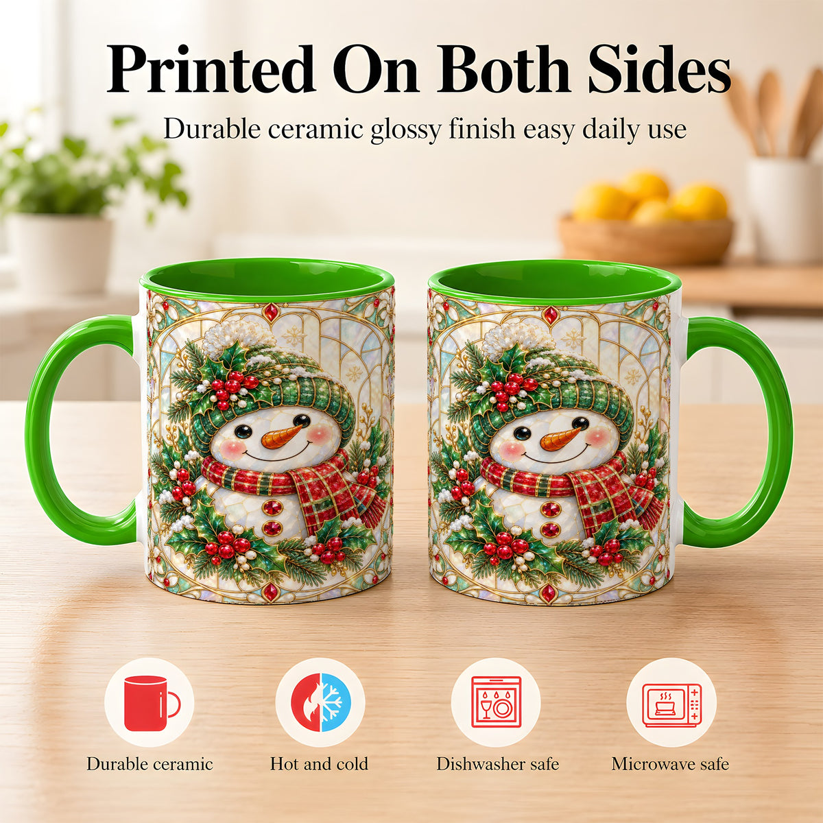 #pl[11oz|Green] Christmas Snowman Coffee Mug, Plaid Holly Mug, Ceramic Cup