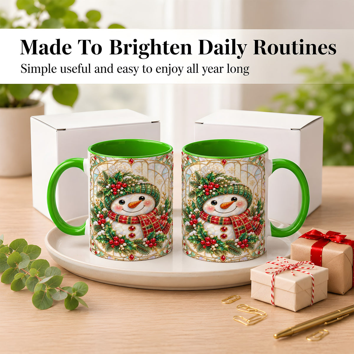 #pl[11oz|Green] Christmas Snowman Coffee Mug, Plaid Holly Mug, Ceramic Cup