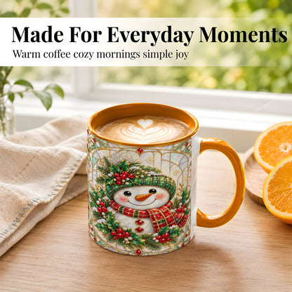 #pl[11oz|Orange] Christmas Snowman Coffee Mug, Plaid Holly Mug, Ceramic Cup