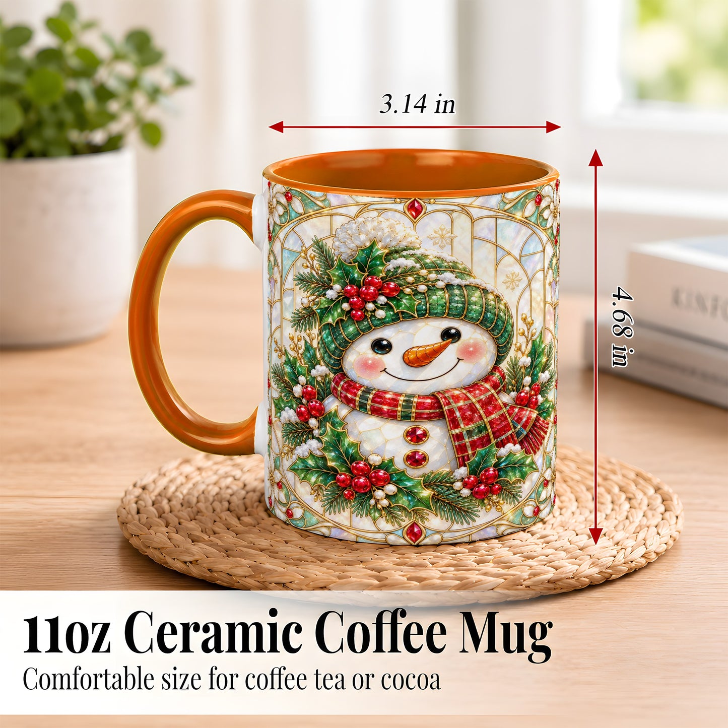 #pl[11oz|Orange] Christmas Snowman Coffee Mug, Plaid Holly Mug, Ceramic Cup