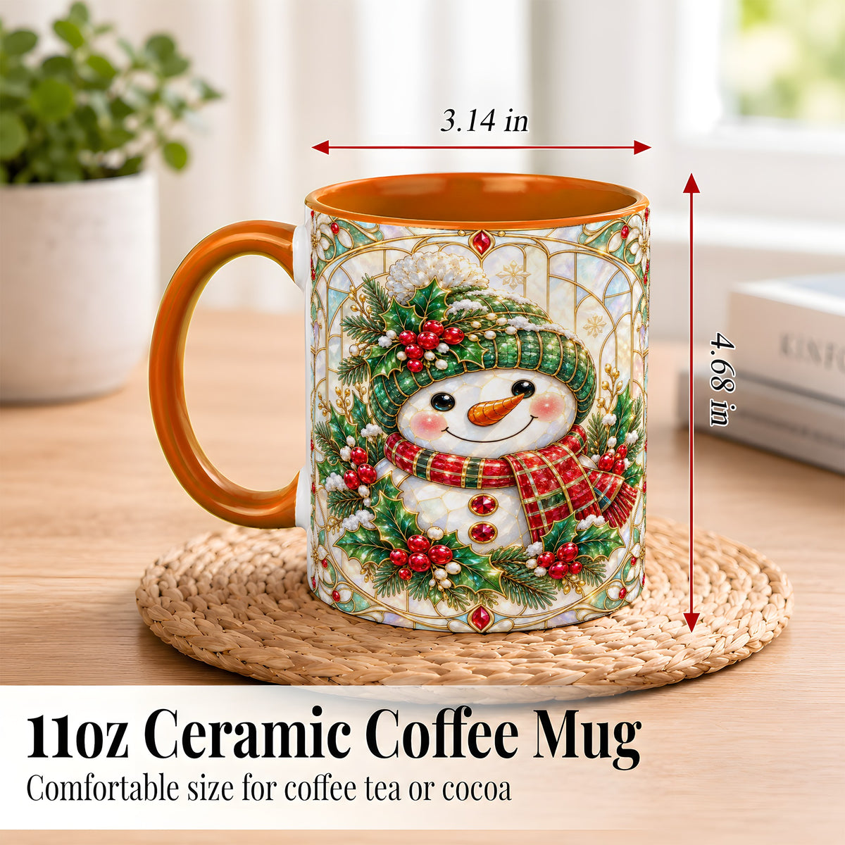 #pl[11oz|Orange] Christmas Snowman Coffee Mug, Plaid Holly Mug, Ceramic Cup
