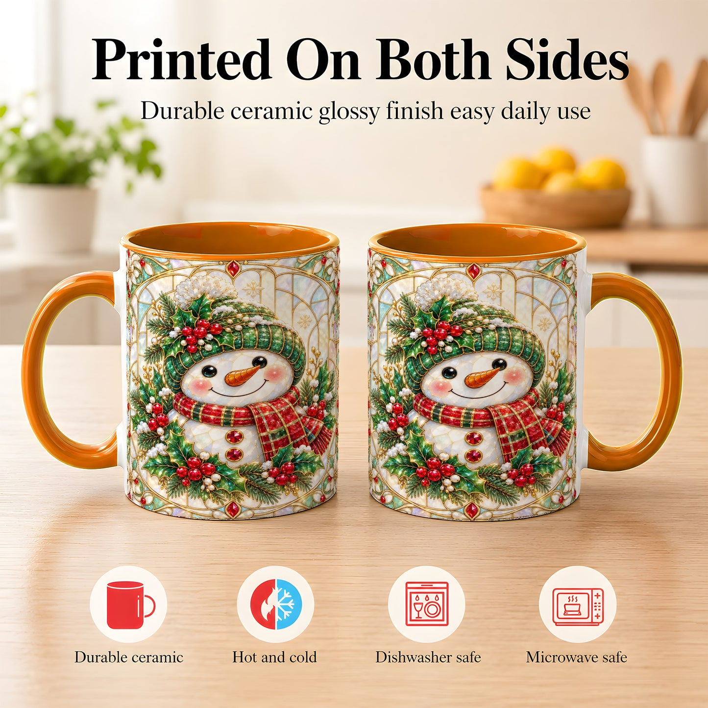 #pl[11oz|Orange] Christmas Snowman Coffee Mug, Plaid Holly Mug, Ceramic Cup